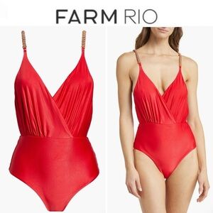 FARM Rio Beaded Strap One-Piece Swimsuit in Red 195$